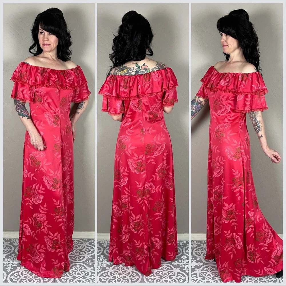 Vintage 60s/70s Handmade Pink Hawaiian Ruffle Maxi Dress - Picture 4 of 7